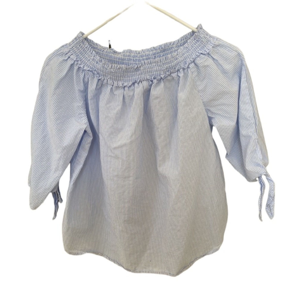 h&m light blue & white vertical striped summer blouse with ¾ length tie size 0
